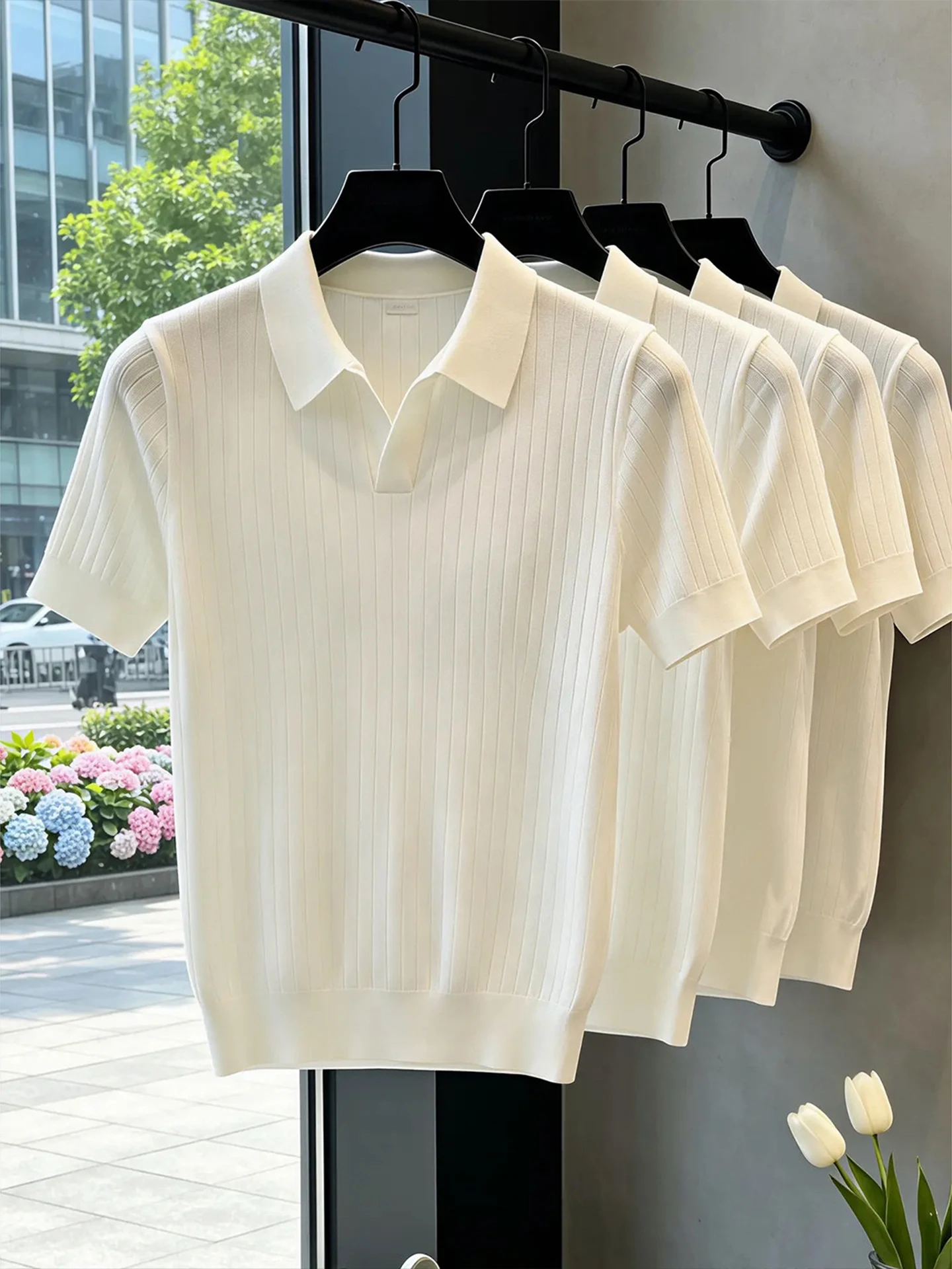 Men's Summer  Shirt Knitted Short Sleeve Flip-Collar American Casual Half Sleeve Breathable Standard Fit High Elasticity ...