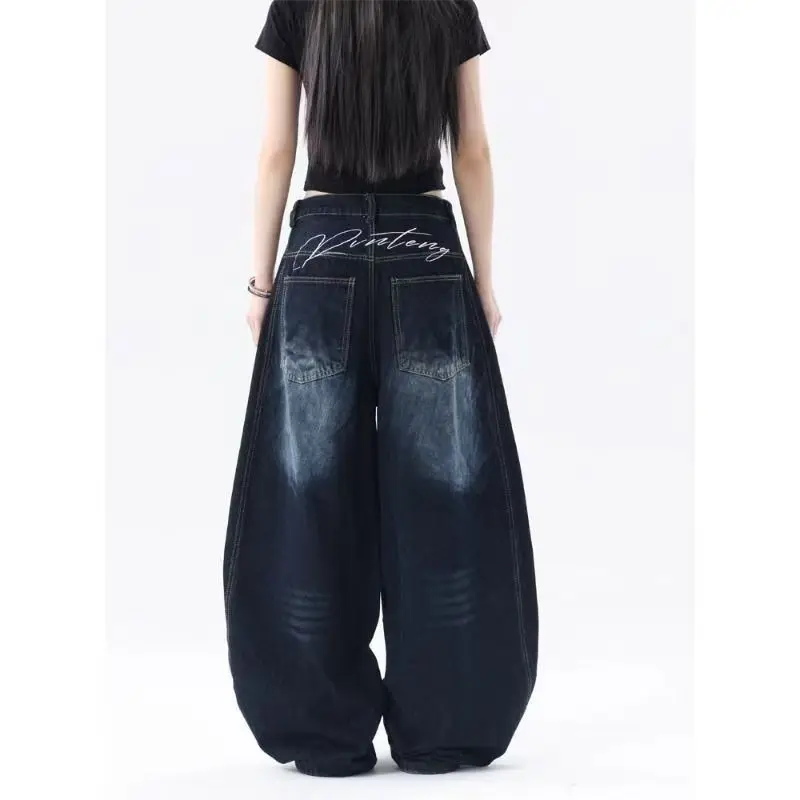 Scimitar Lässige Gewaschene Dunkelblaue Amerikanische Retro High Street Jeans Damen Mode Buchstaben-Stickerei Übergroße Lose Weite Bein-Jeans