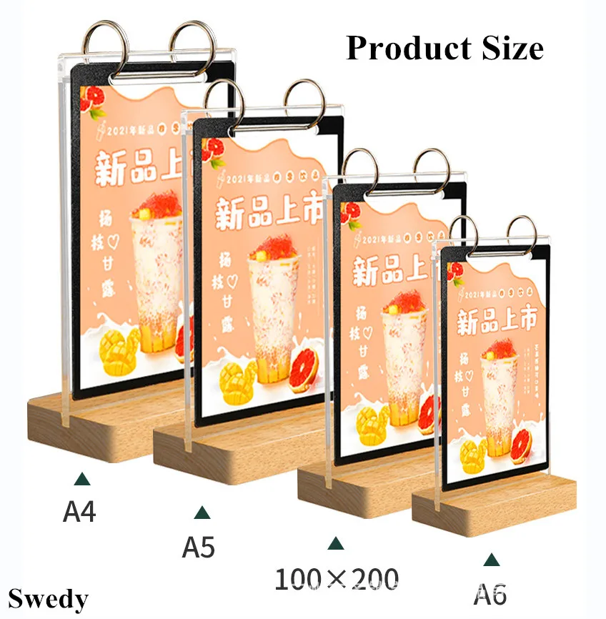 A4 210x297MM Page Turning Restaurant Menu Paper Holder Stand Picture Photo Poster Frame Wood Acrylic Sign Holder Display Stand