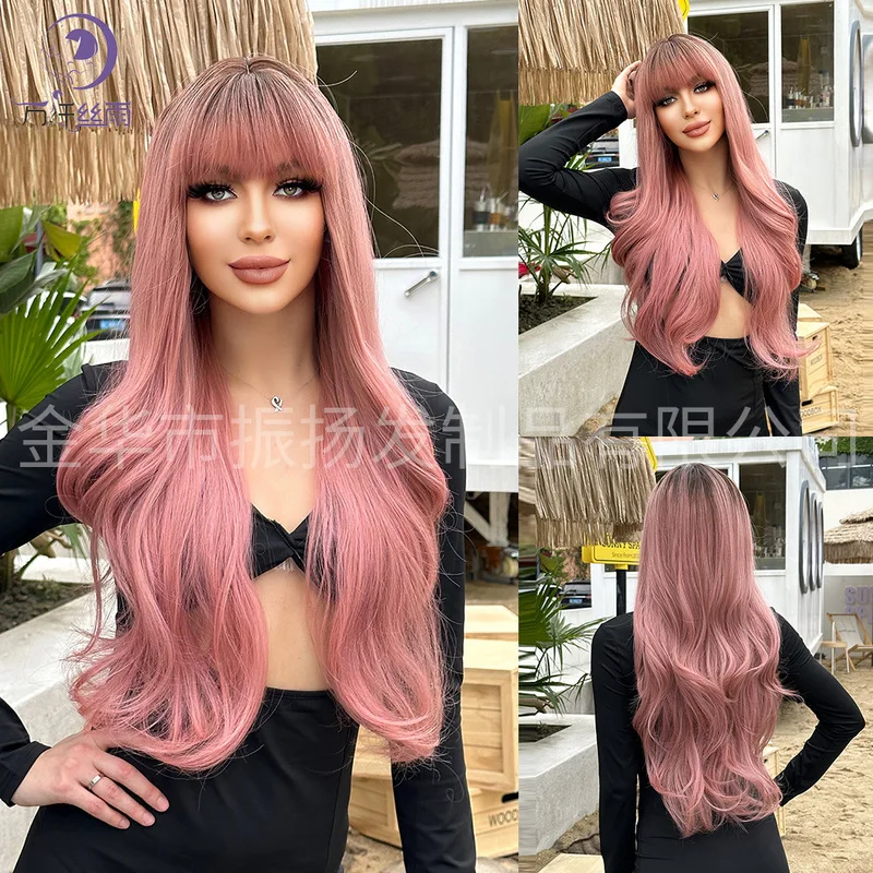 European and American women's long curly black hair dyed pink wig with big waves