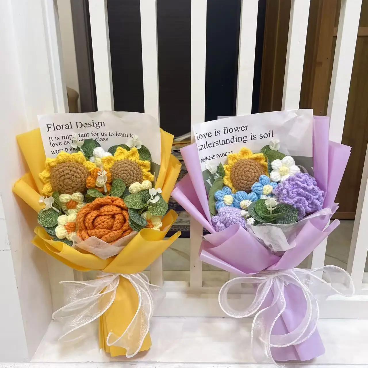 Finished Knitted Sunflowers Roses Artificial Crochet Flowers Bouquets Stuffed Plants Valentine Mothers' Day Birthday Graduation