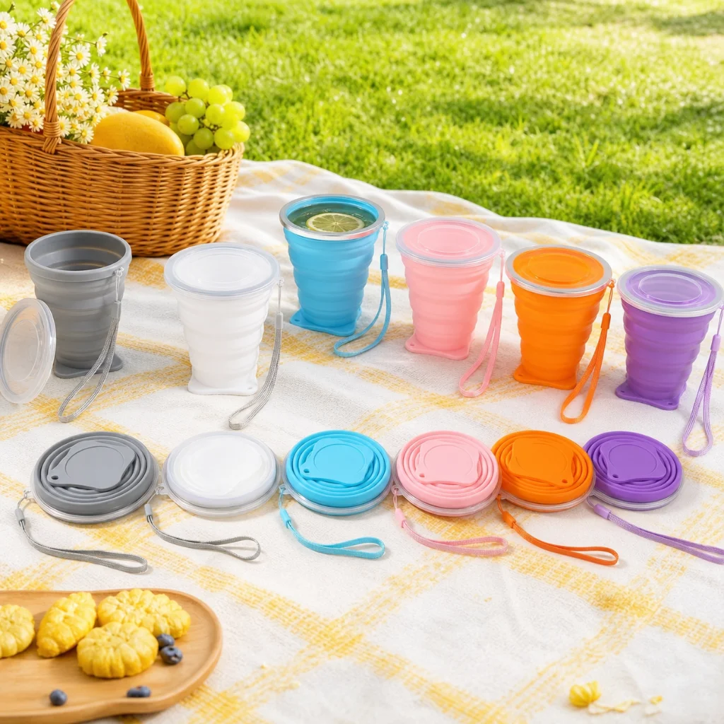 Foldable Silicone Cup with Clear Lid Collapsible Travel Mug Hand Lanyard Stainless Steel Rim 6 Pastel Colors Outdoor Camping Cup