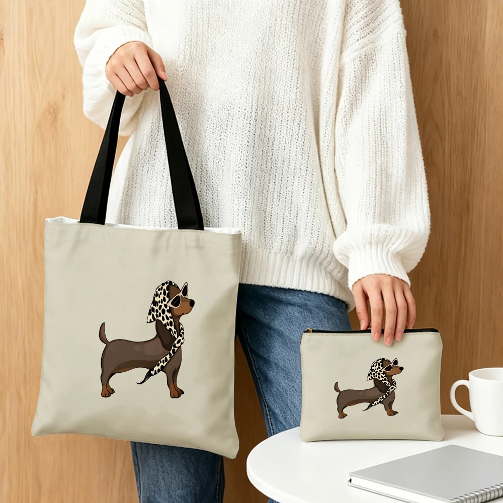 Chic Tote Bag Dachshund With Leopard Scarf And Sunglasses Shoulder Bags And Cosmetic Bag Combination Pet Lover Storage Pouch