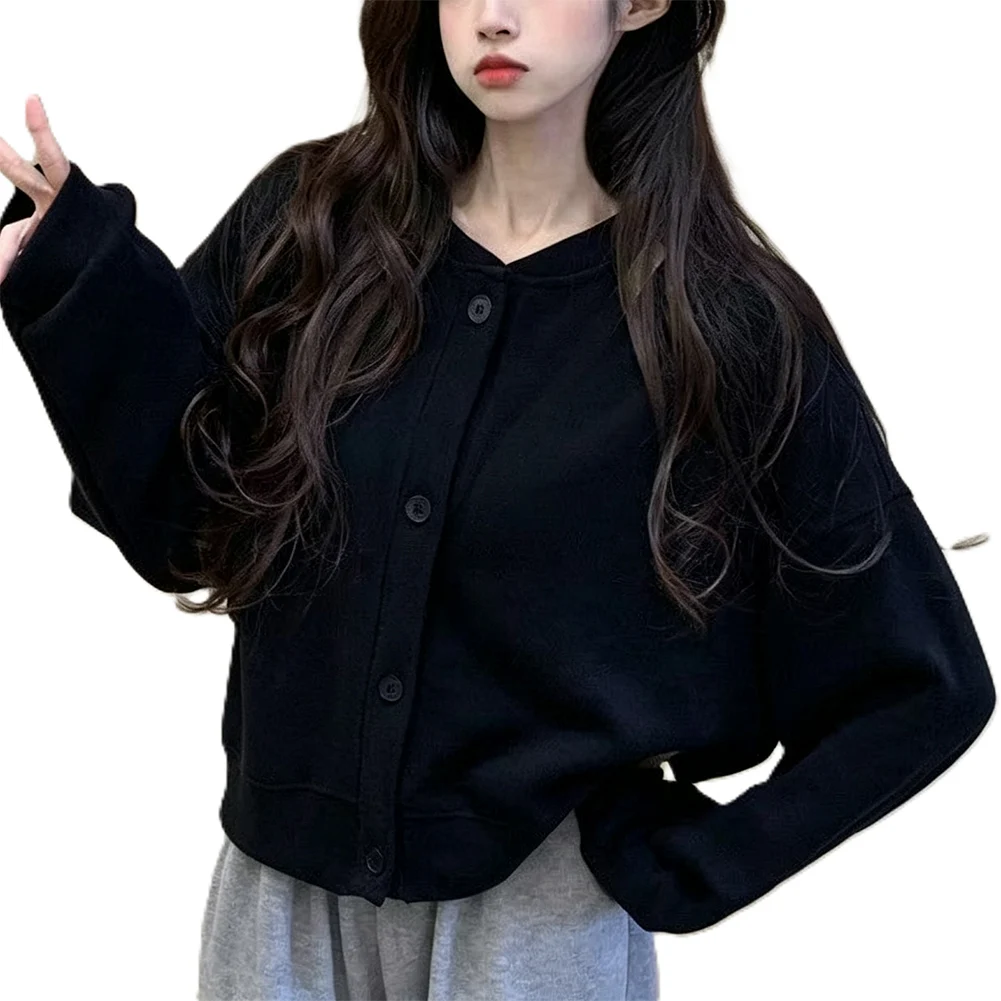Solid Color Baseball Sweatshirt Coat For Crew Neck Relaxed Women Designed for Leisure Vacation and Outdoor Activities