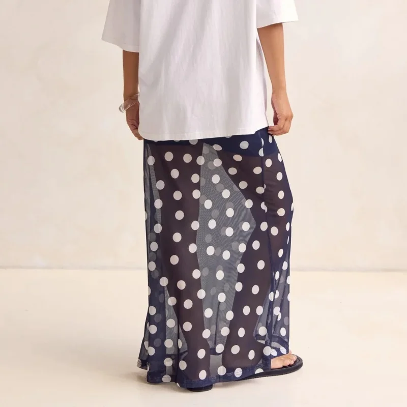 Y2K 페어리 코켓 스커트 드레스 여성용 맥시 스커트 시스루 로우라이즈 러플 폴카 도트 프린트 화이트 블랙 메쉬 시어 스커트