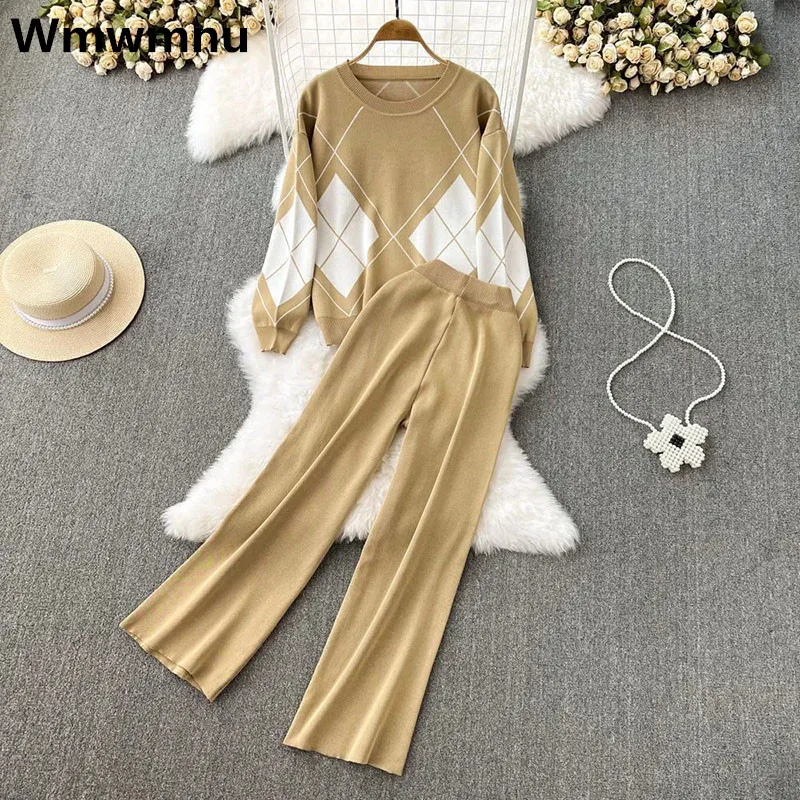 

womens knitwears + Knit Wide Leg Pants outfits diamond pullovers tops suits casual loose korean fashion malhas two piece sets