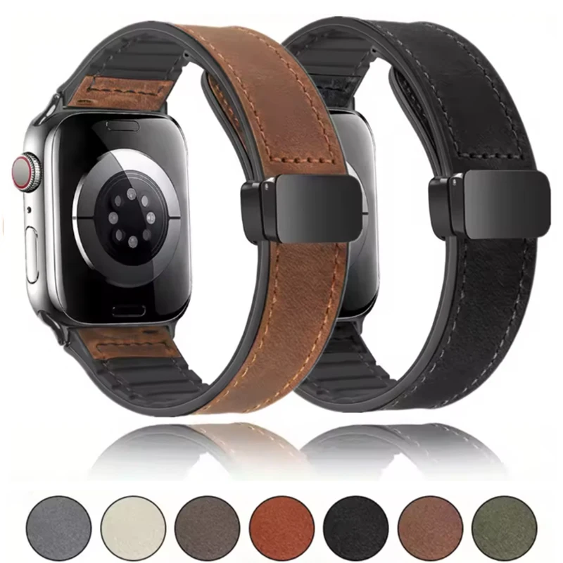 Apple Watchバンド 49mm 44mm 45mm 42mm 40mm 46mm 38mm 41mm対応 レザーストラップ マグネット式ブレスレット メンズ iWatch Ultra Series 10 9 8 7 SE 6