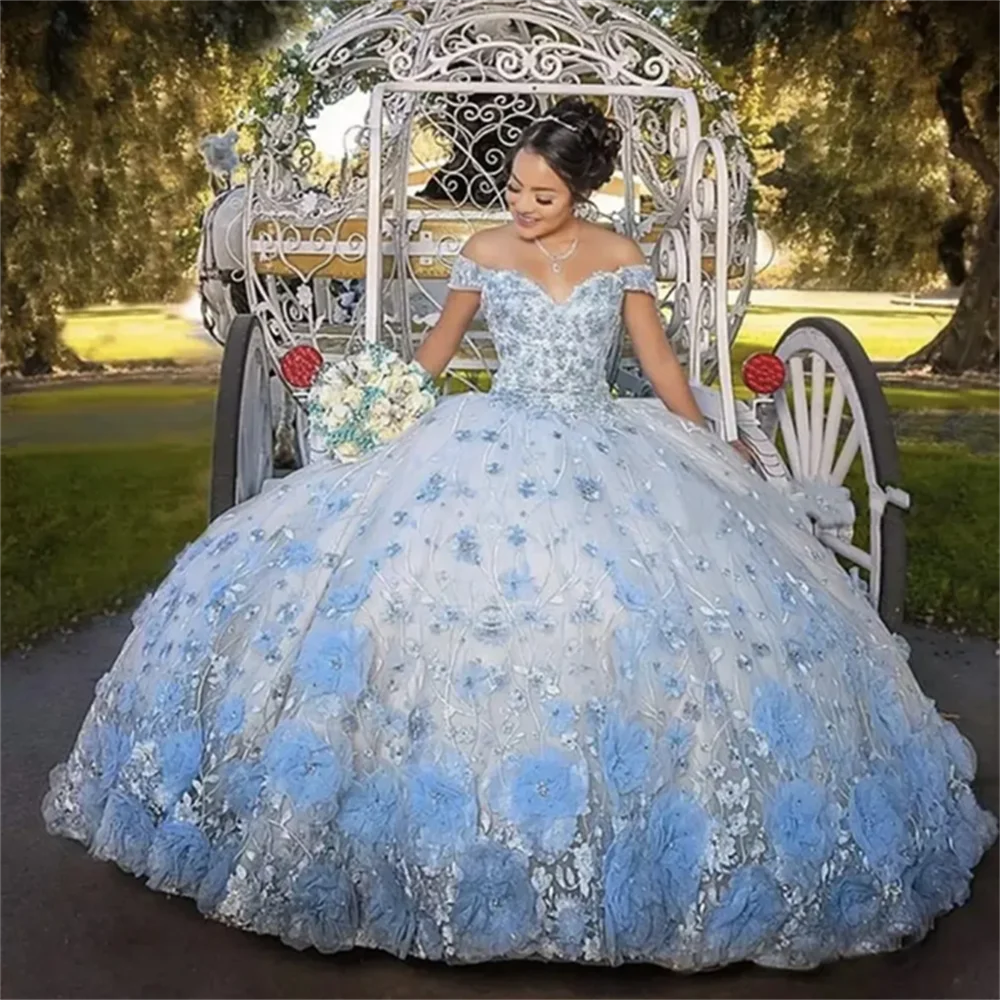 

Elegant Sky Blue Quinceanera Dress Off Shoulder Appliques Sequins Flowers Party Princess Sweet Ball Gown Vestidos De