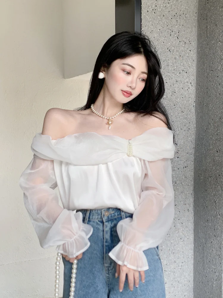 Woherb Sexy Chiffon Blouse Women Mesh Top Slash Neck Solid Off Shoulder Long Sleeve Crop TopsChic Korean Fashion Elegant Shirts