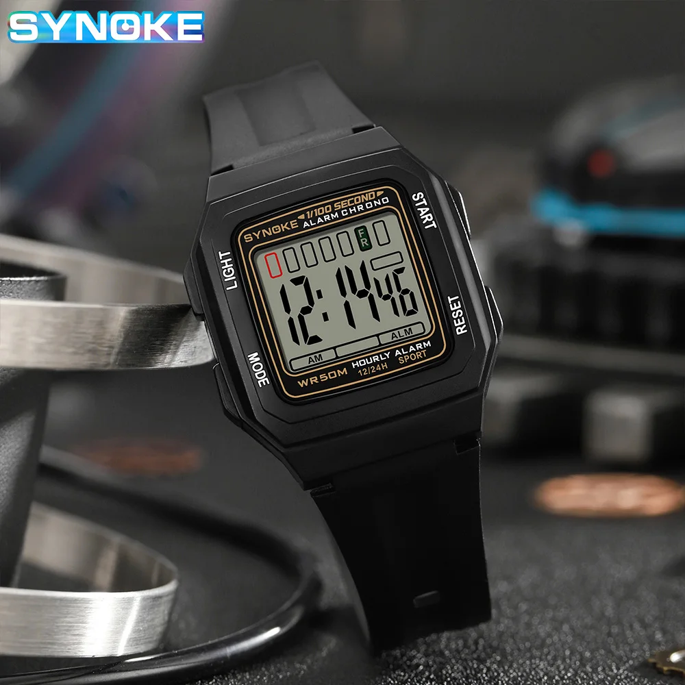 SYNOKE Kids Rectangular Sports Electronic Watch Waterproof Night Light Large Screen Alarm Clock Trend Retro Style Classics