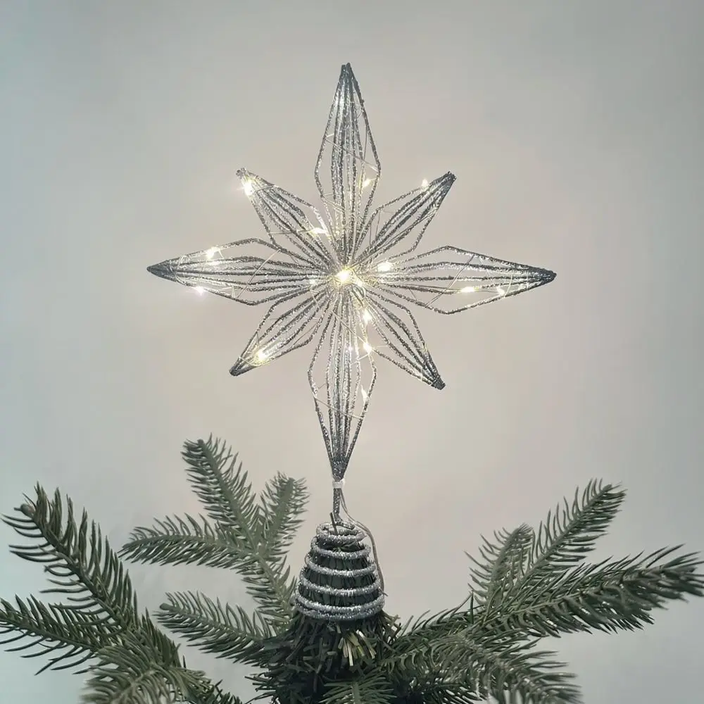 LED Lighted Star Tree Topper Iron Ornament For Christmas Tree Decor Battery Operated Holiday Festive Home Decoration