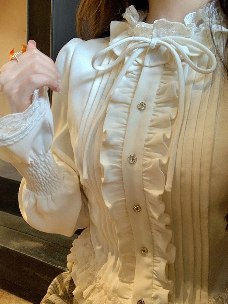 Chemisiers Lolita vintage pour femmes, chemises bandage à volants en dentelle douce japonaise, mode coréenne féminine, Fairycore, manches bouffantes minces, Y-
