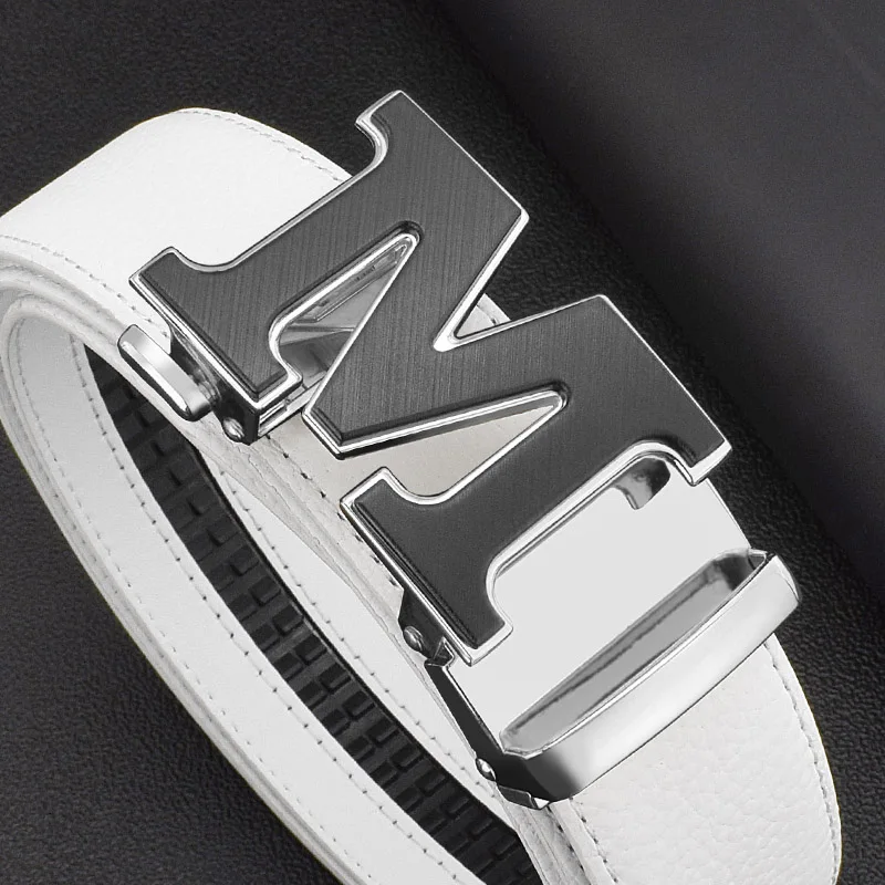 High Quality Letter M White Leather Belt Men Designers Luxury Famous Young Men Cowskin Brand Jeans Casual Fashion Ceinture Homme