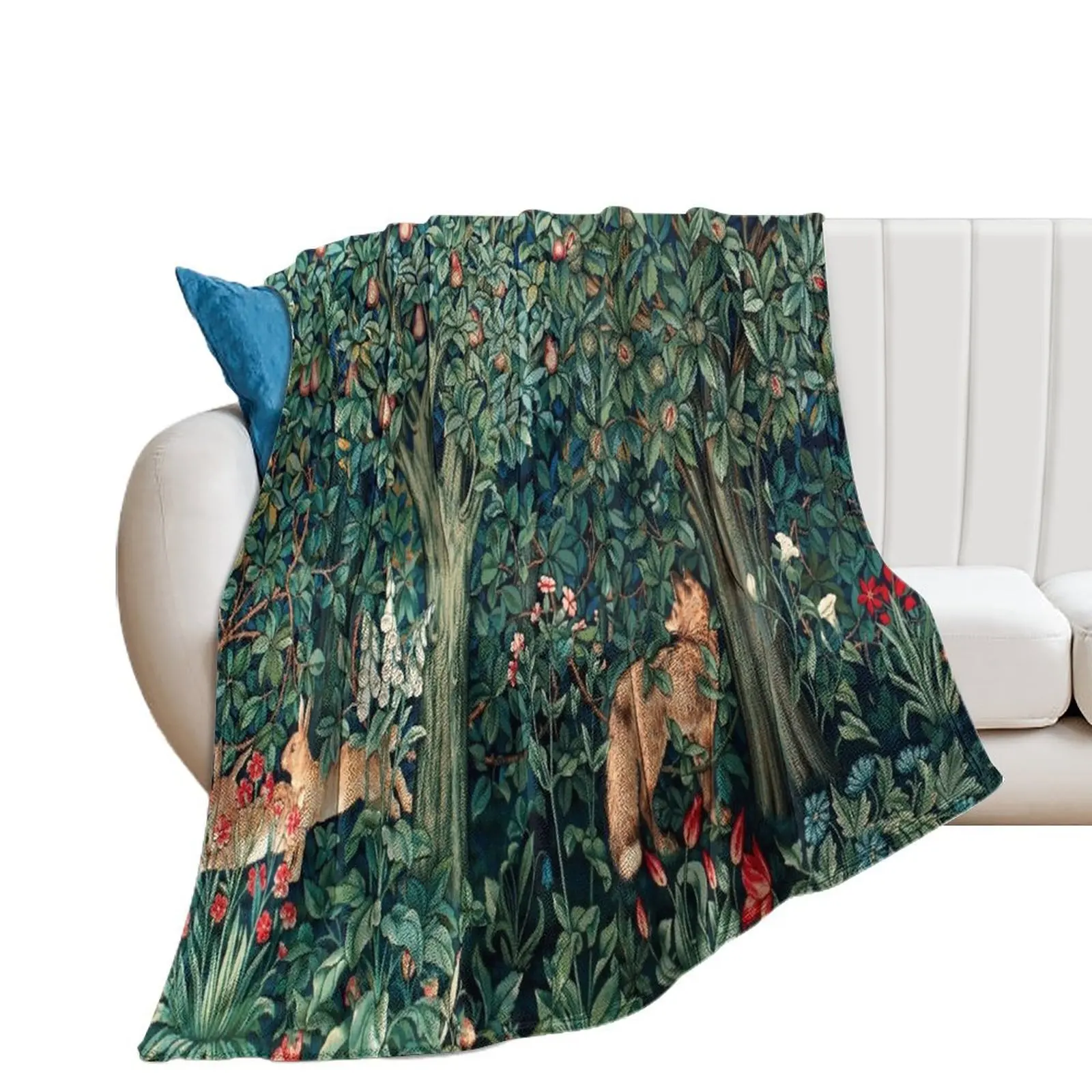 

GREENERY, FOREST ANIMALS Fox and Hares Blue Green Floral Tapestry Throw Blanket Picnic Sleeping Bag for winter Blankets