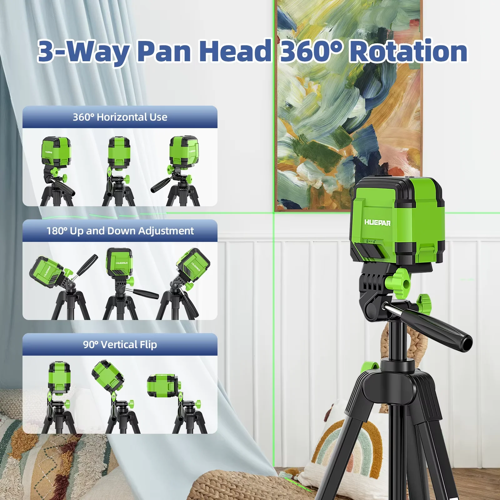 HUEPAR 1.52M Laser Level Tripod Stand with 360° Pan Head & Bubble Level - Adjustable Tripod for Laser Level, Camera, Laser Meter