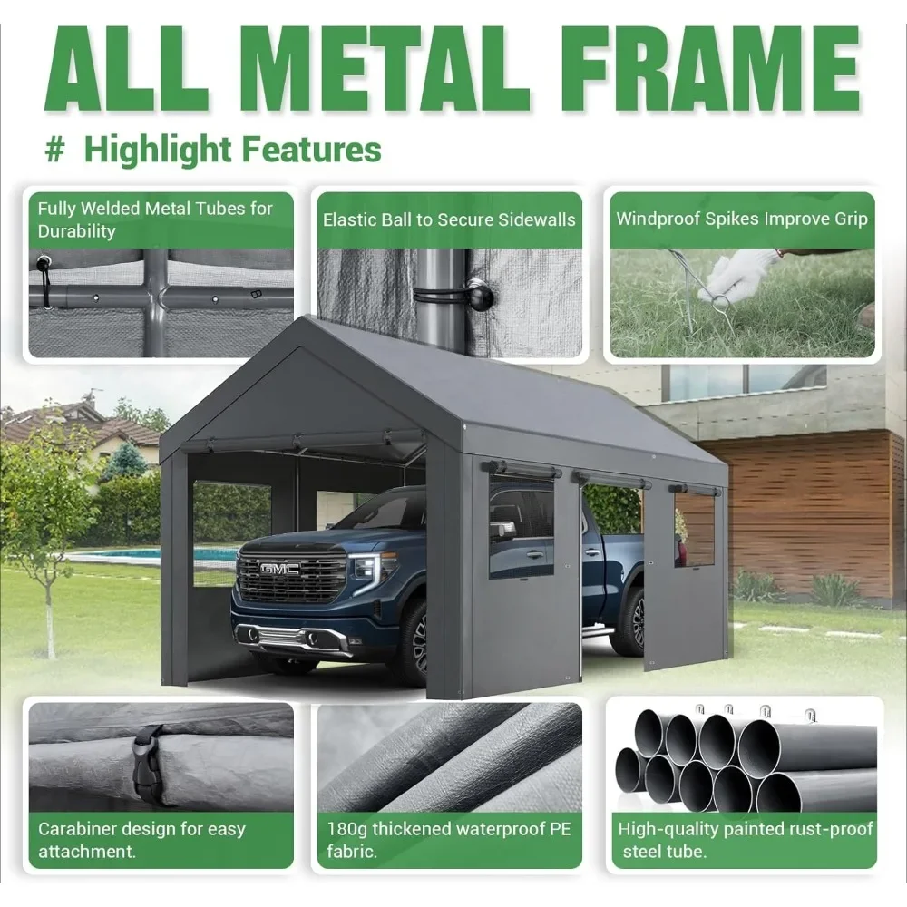 Carport 10x20ft Heavy Duty Carport Features Roll-up Windows & Doors, Portable Garage with UV Resistant Waterproof