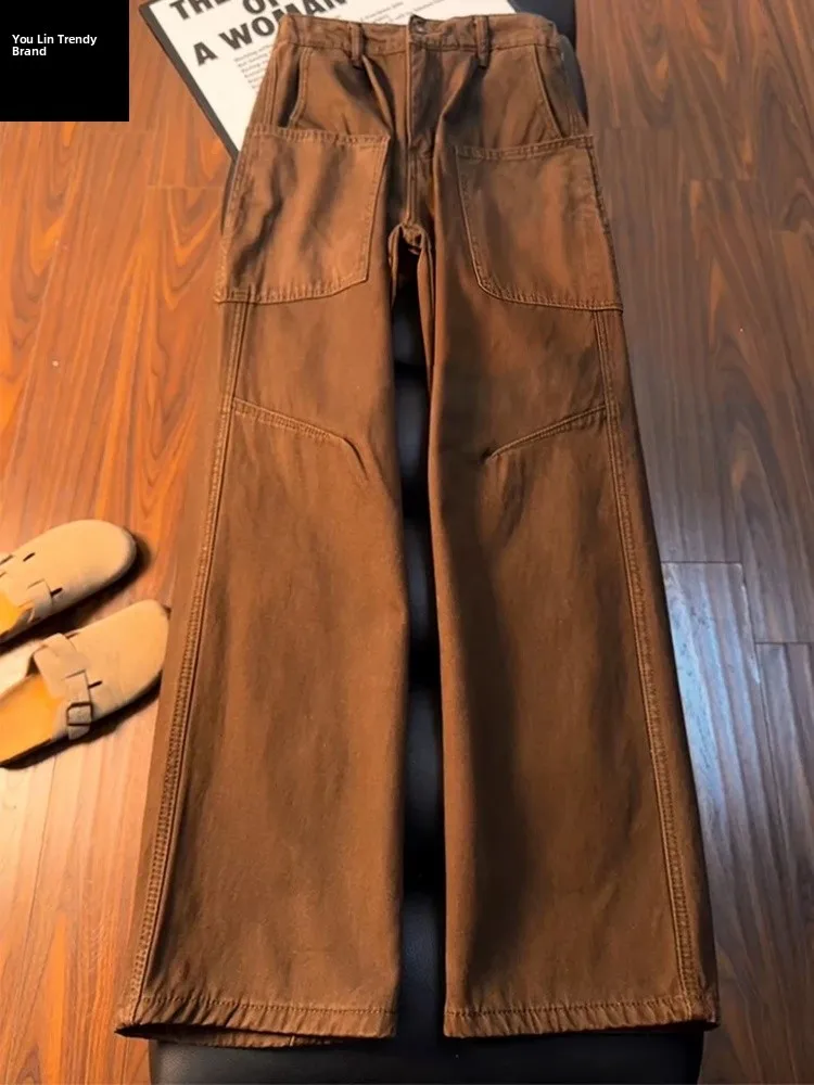 

Мужские зимние джинсы с флисовой подкладкой, коричневые/хаки, свободные, расклешенные, в американском ретро-стиле, прямые, со средней посадкой, на молнии