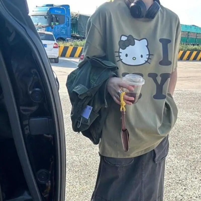 

New Sanrio Hello Kitty Graphic Print Short Sleeve T Shirt Soft Cartoon Casual Streetwear Women American Style Trendy Kawaii Tops