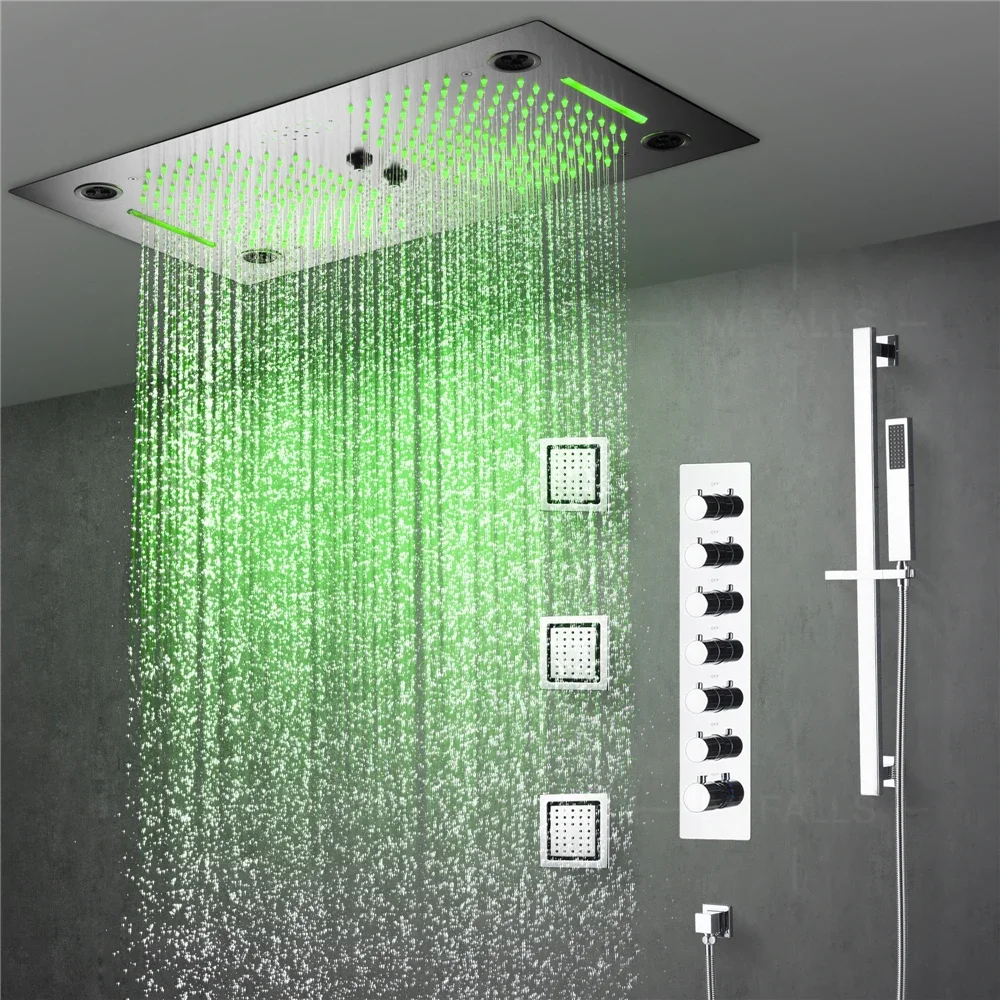 NEW 6 Functions Luxury Bathroom Shower Faucet Chrome 64 color Wall Mounted Thermostatic Shower Set with Music