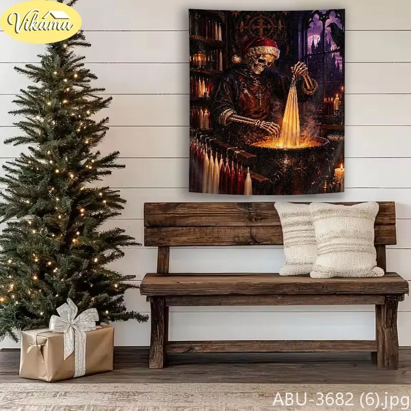 VIKAMA Goth Xmas Skeletal Bridal Pair Fob Watch Snowfall Wall Tapestry Shadowy Victorian Romantic Yule Festal Room Home Decor