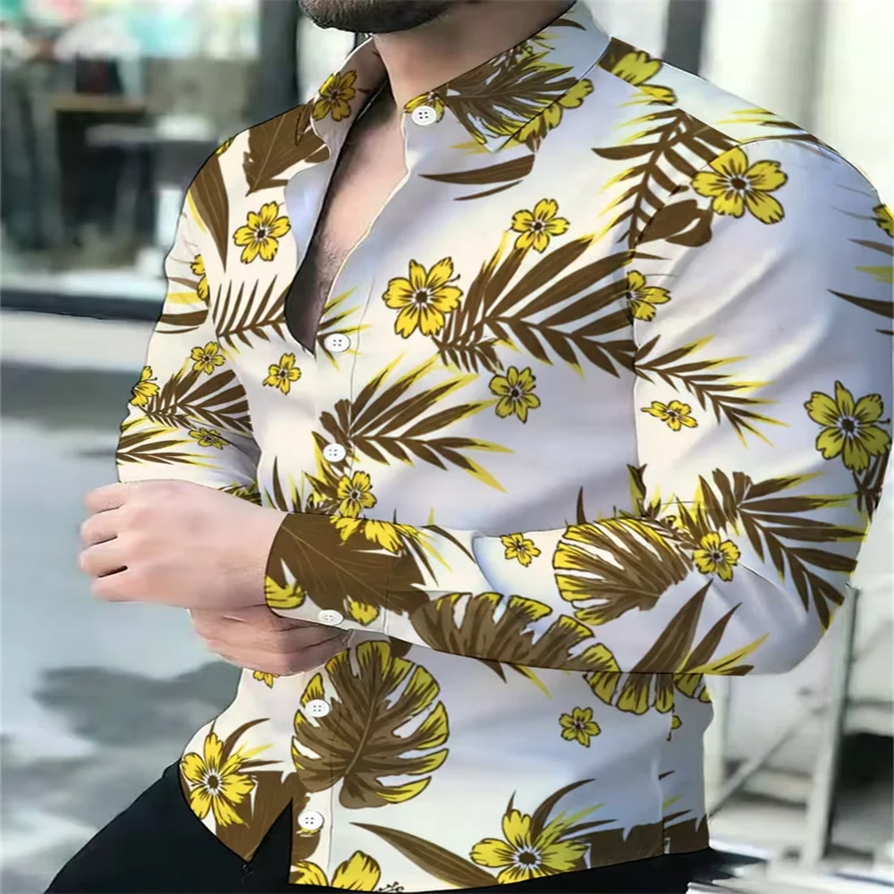 Flower Leaf Pattern Hawaiian Shirts For Men Colorful Plant 3D Printed Aloha Shirts Casual Loose Long Sleeve Lapel Tops Blouses