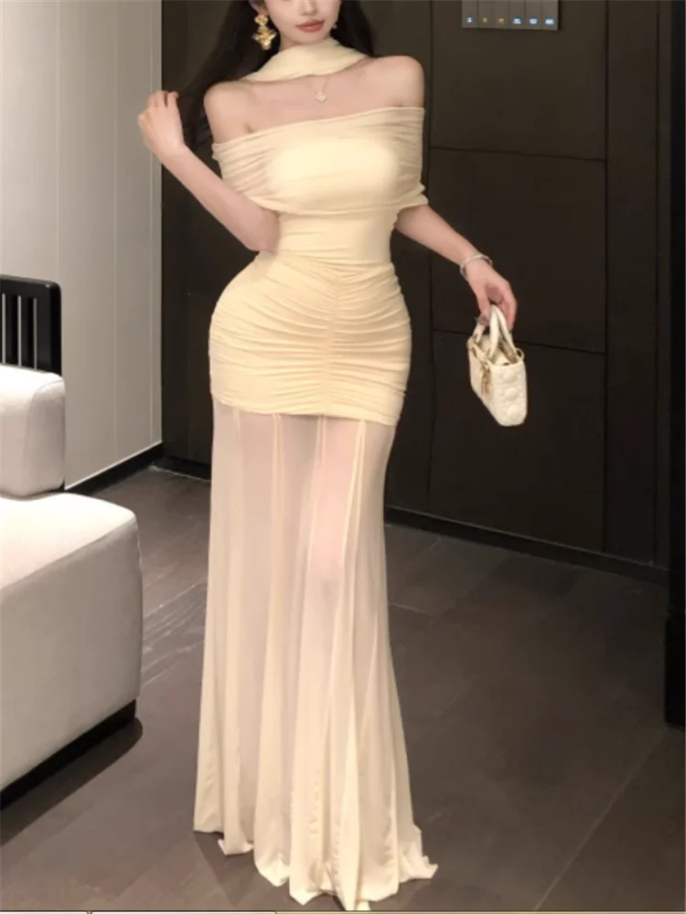 

Apricot Sexy Strapless Summer Holiday Fashion Beach Mesh Long Dress Spice Girl Slash Neck Bodycon Evening Party Fishtail Dress