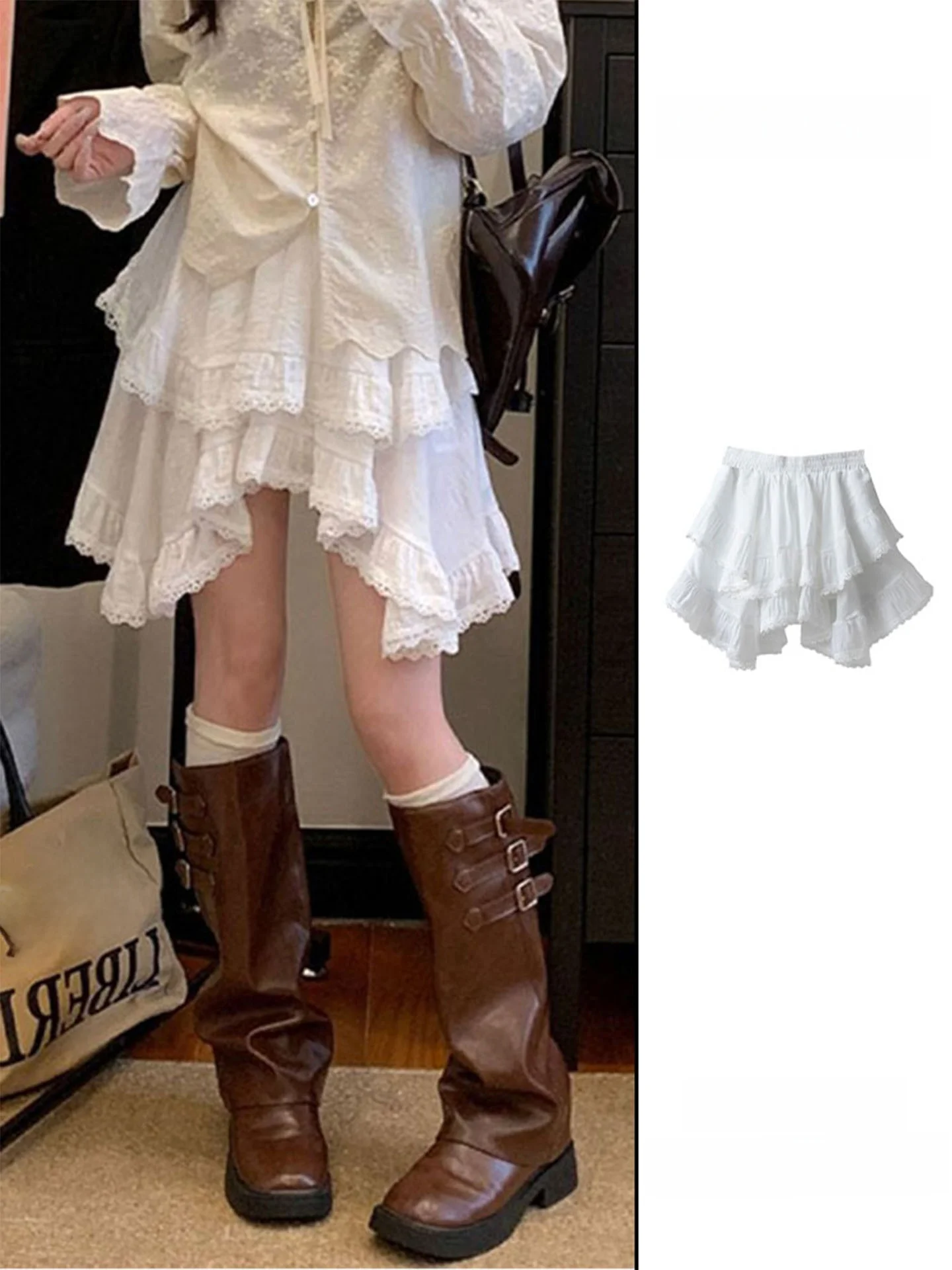 

White Asymmetrical Lace Trim High Waist f Skirt Women's New 2025 Autumn A-Line ort Cake Skirt Pants Sweet Sle