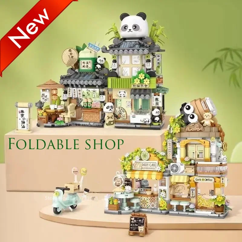 Loz Mini Street View Building Blocks Bear Coffee Shop Foldable Panda Milk Tea Cartoon Street Shop Store Model Bricks Stacking