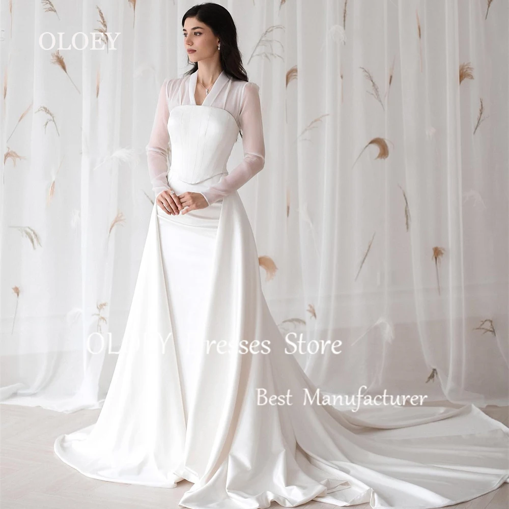 OLOEY Modest Elfenbein Meerjungfrau Hochzeitskleid V-Ausschnitt Volle Ärmel Brautkleid Nach Maß Arabisch Plus Size Korsett Formelles Kleid