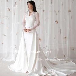 OLOEY Modest Ivory Mermaid Wedding Dress V Neck Full Sleeves Bridal Gown Customized Arabic Plus Size Corset Formal Gown
