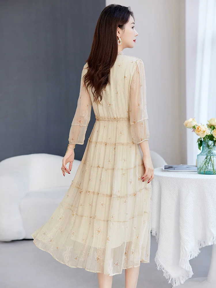 100% Mulberry Silk Dress Women Blue Elegant Loose Fit Midi Dress Plus Size XXXL Slimming Real Silk Clothing 8680