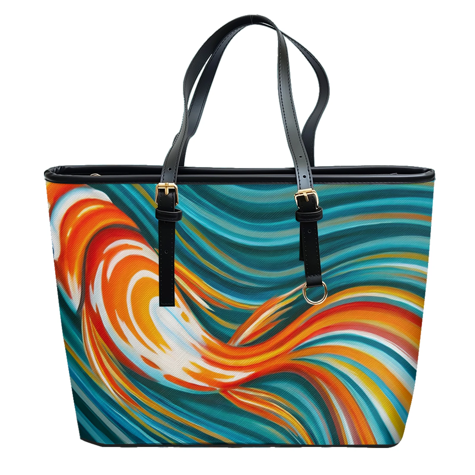 Fluid Art Wave Printed Oxford PVC Leather Shoulder Bag Zipper Lightweight Tote Daily Use Convertible Work Weekend Purse