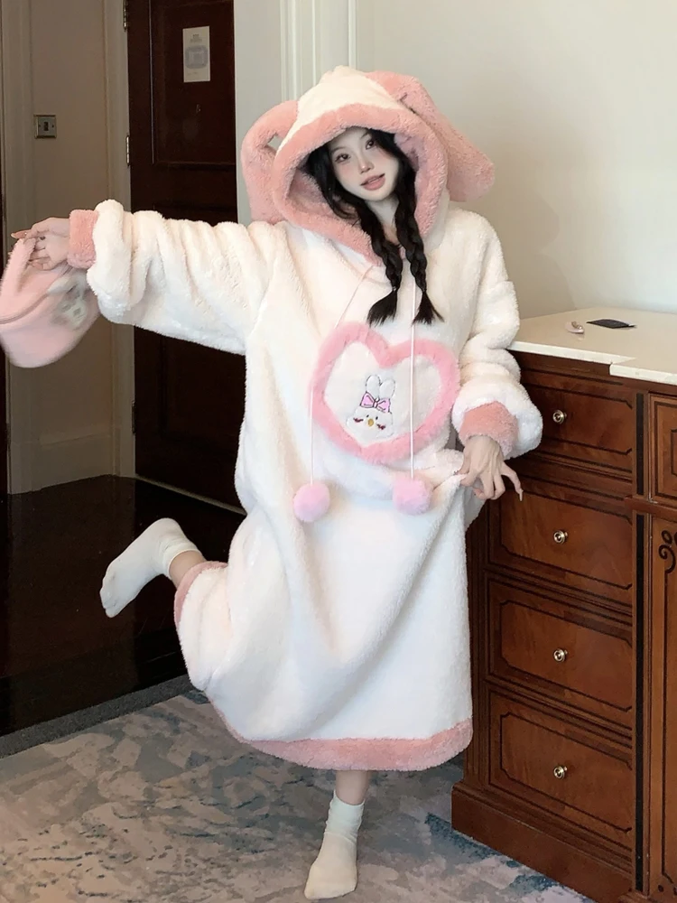 Kawaii Rabbit Hooded At Home Thickening Flannel Comfort Winter Pajamas Pullover Dress Sweety Coral Velvet Warm Pajamas Dress