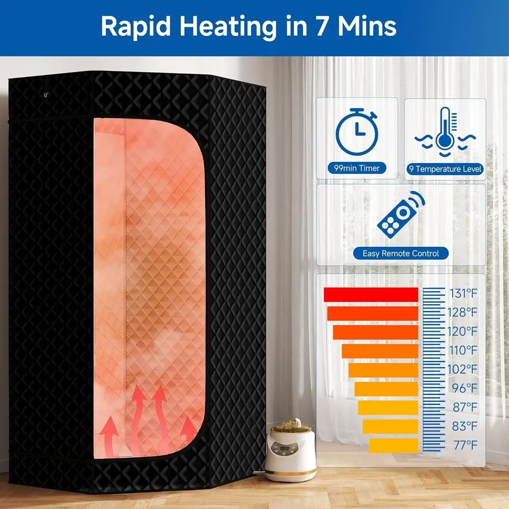Zusammenklappbares persönliches Dampfsaunazelt mit 3 l 1500 W Generator, Fernbedienung, 9 Heizstufen, 90-Minuten-Timer, Schwarz