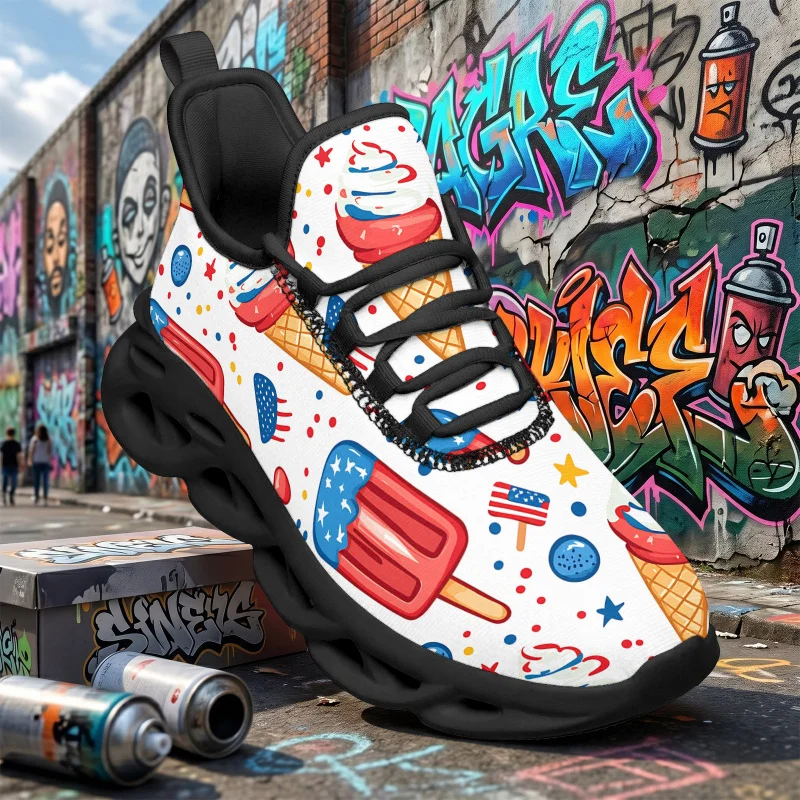 Women's and Men's Casual Sports ShoesStreet style fun Independence Day flag, popsicle, stars, confetti, graffiti print, pure wh