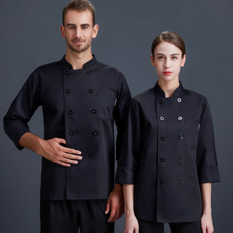 Solid Color Double-breasted Chef Long-sleeved Overalls, Short-sleeved Thin Kitchen Hotel Tooling