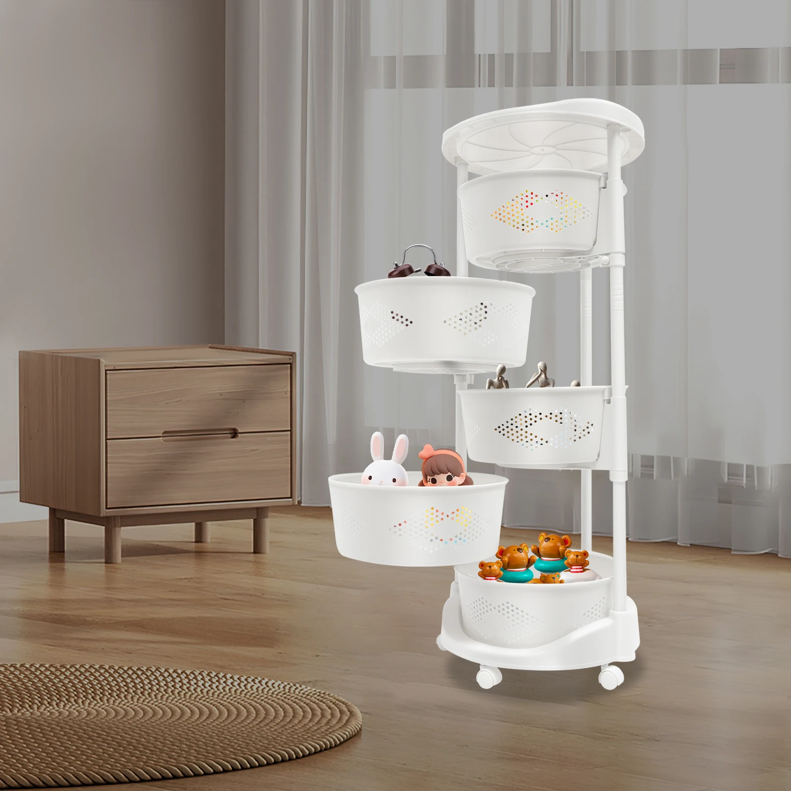 

5-Tier White Rotating Storage Shelf, PP Rolling Organizer, Kitchen Storage Rack, Storage Cart Trolley With Universal Casters