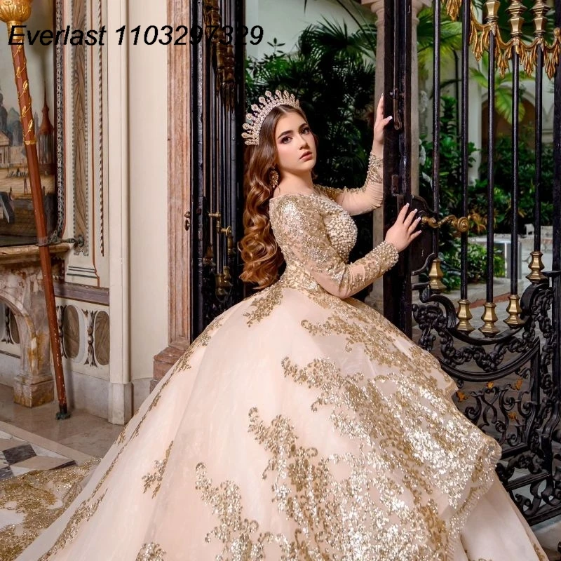 EVLAST Customized Champagne Quinceanera Dress Ball Gown Gold Lace Applique Beaded Pearls Sweet 16 Vestido De 15 Anos QD1037