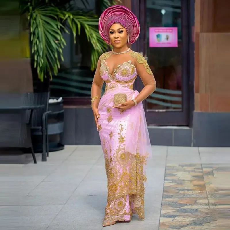 2026 vestido de noite rosa com apliques de renda dourada e lantejoulas ilusão mangas compridas sexy sereia vestido de baile estilos aso ebi 2025