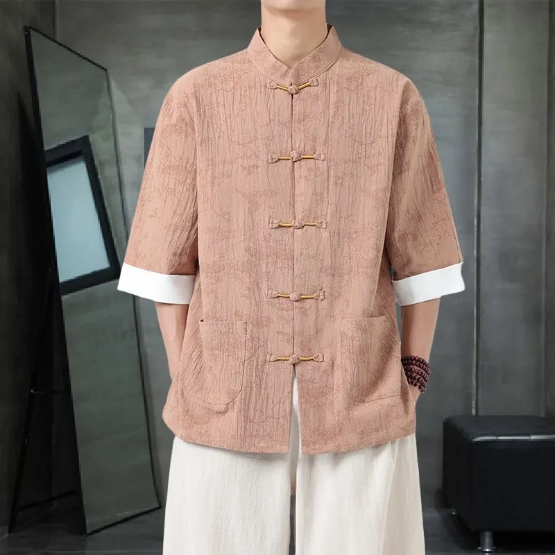 

Men's Chinese Style Jacquard Shirt Spring Summer Casual Fashion Retro Stand Collar Single Breasted Mid Sleeve Print T-shirt