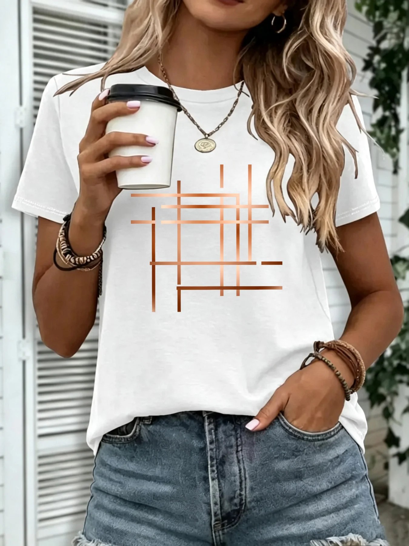 【SYJ8045632】Summer short sleeved women's plus size T-shirt casual round neck line checkered printed T-shirt plus size clothing
