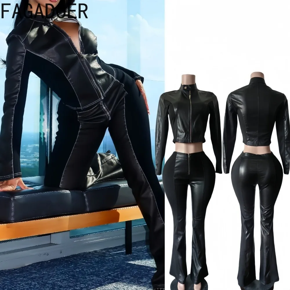 

FAGADOER Autumn New Sexy Leather 2 Pieces Set for Woman Solid Color Long Sleeves Crop Top and Pants Female Streetwear 2025 New