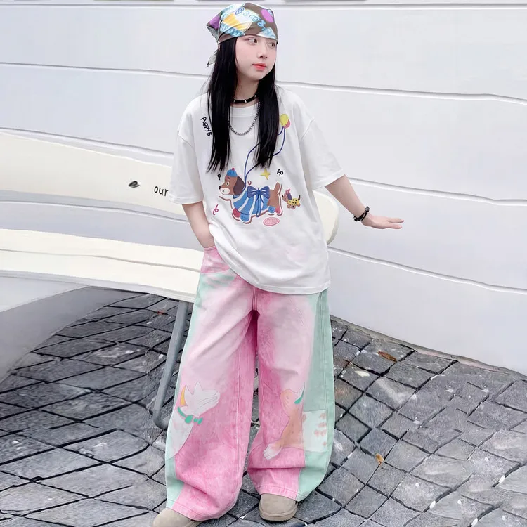 Girls Hip Hop Dance Costume Set Cartoon Top+ Dopamine Wide Leg Pants 2Pcs Summer New Fashion Children Streetwear Outfits 5-14Y