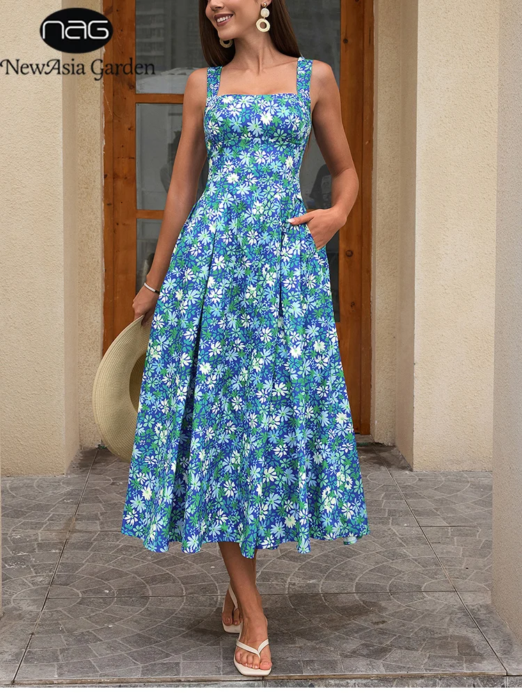 

NewAsia Women's Sexy Backless Lace-up Boho Dress Wide Strap A-Line Bra Cup Midi Floral Print Summer Beach Holiday Maxi Dress