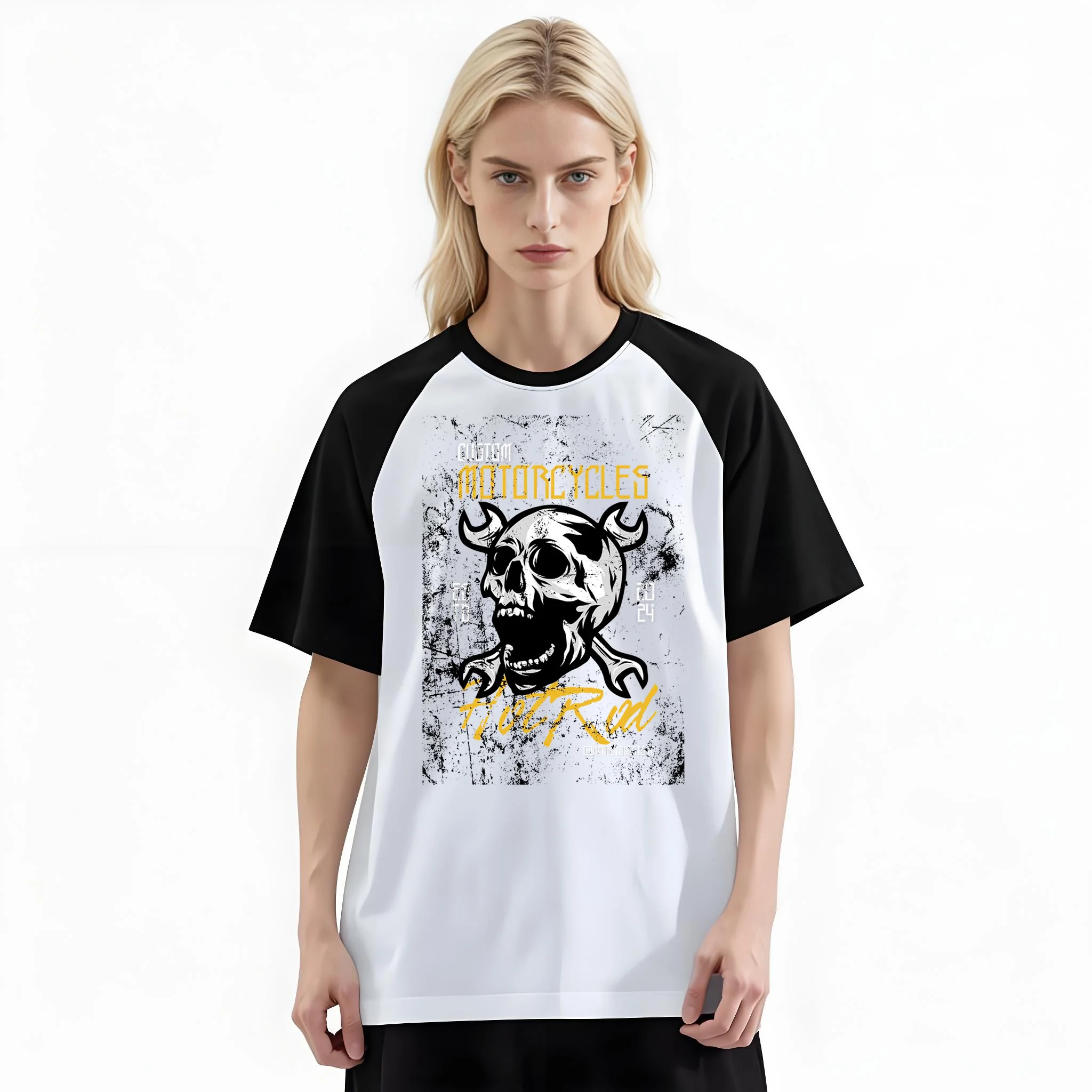 Women'S Fashion Raglan Sleeve T-Shirt, Grunge Skull Wrench Motorcycle Hot Rod Printed, Summer Casual Comfortable Tee, Women'S Everyday Short-Sleeve Top