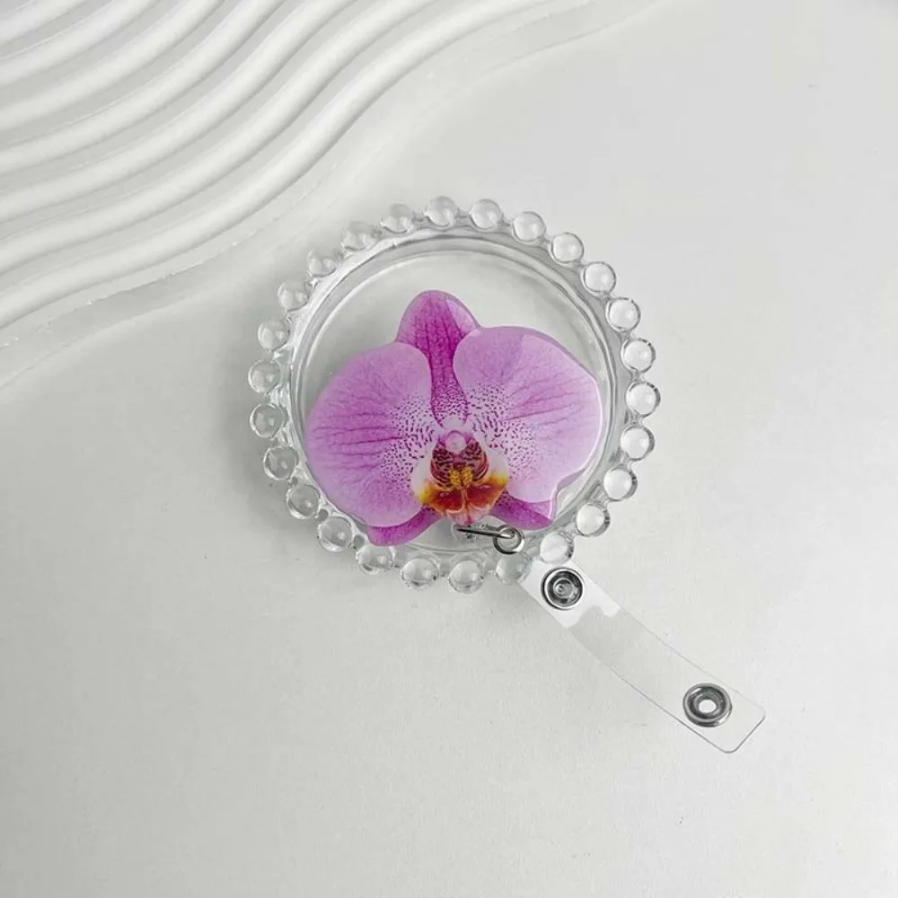 Cute Acrylic Resin Holder Clip Durable Orchid Flower Shape ID Badge Reel Retractable Design Name Tag Badge Student Use