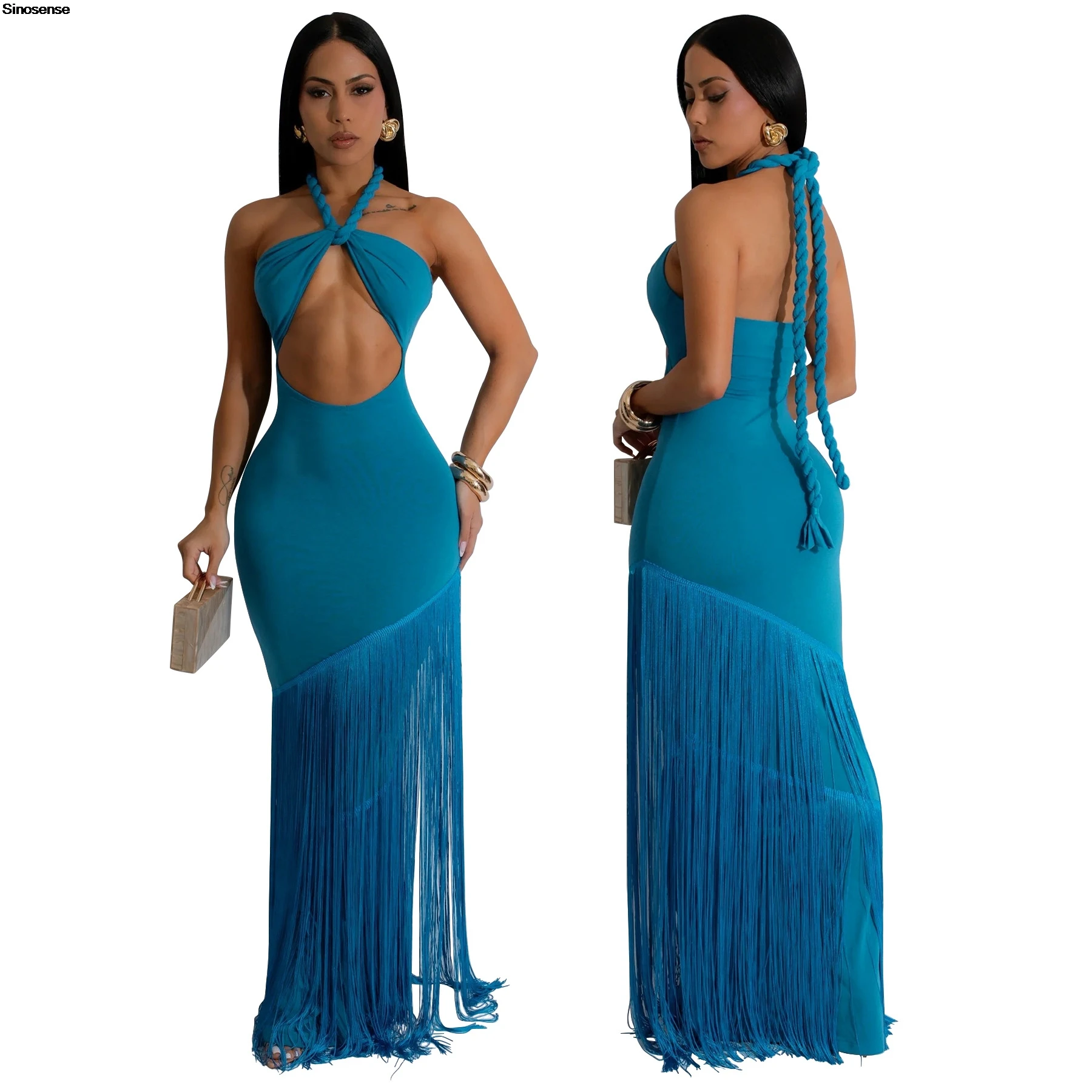 สตรี Halter Bodycon Maxi ชุดเซ็กซี่ Backless ตัดออก Slim Fringed ชุดยาว Elegant Beach Vocation Night Out Club Party Dress