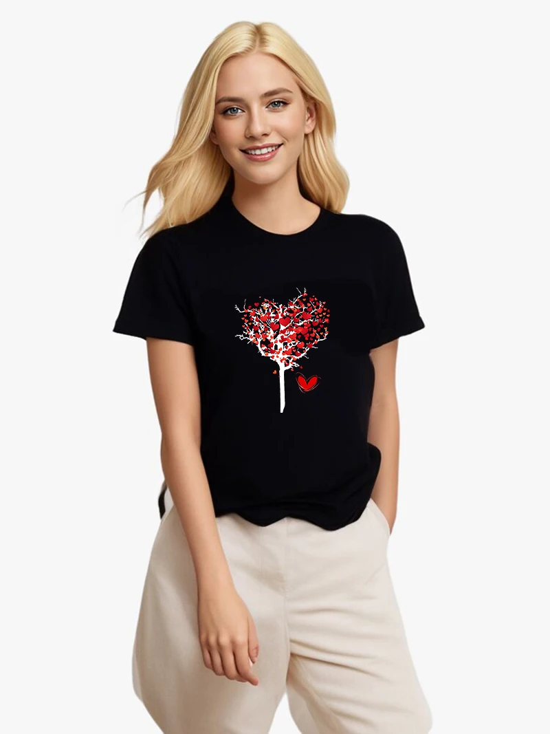 Camiseta con estampado de árbol de amor para mujer, ropa informal de calle, Top, novedad de verano