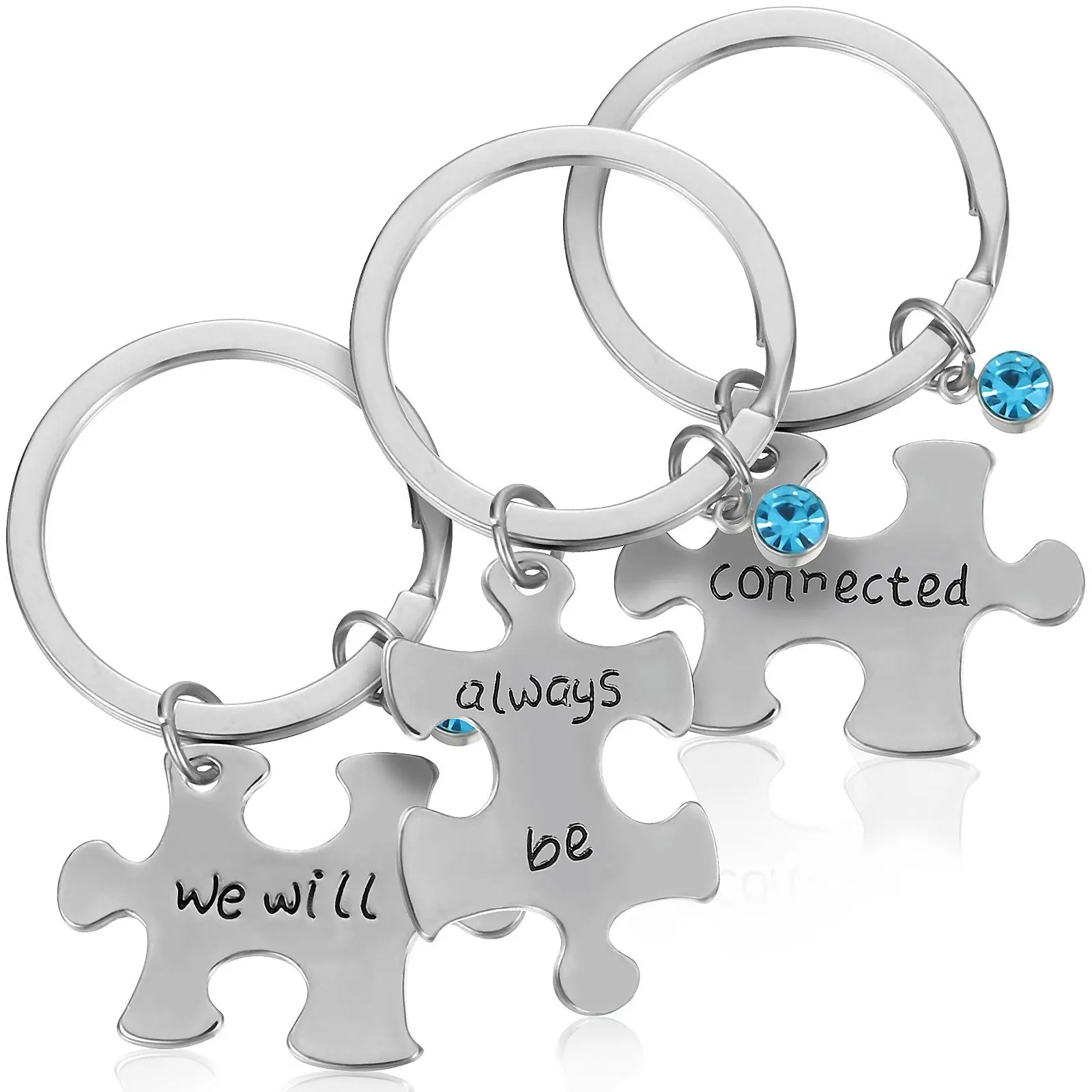 

Silver Blue Diamond Keychain 3 Pcs Best Friends Ring Pendant English Letter Friendship Holder Alloy Climbing Camping Hiking