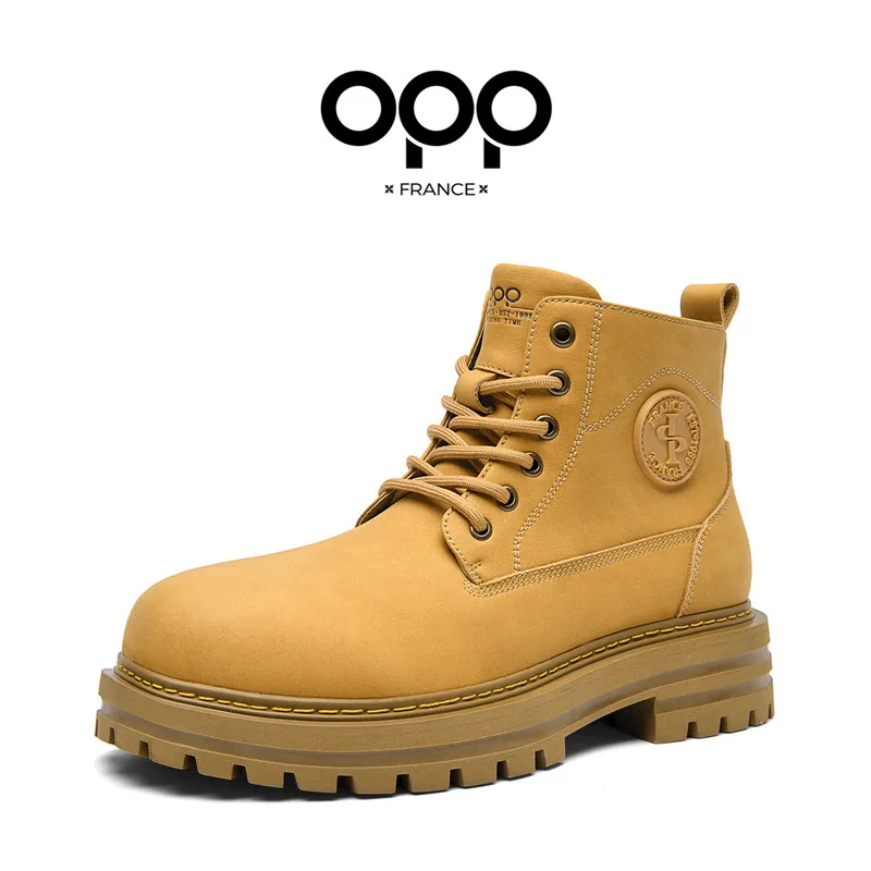 OPP Men High Top Cow Shoes Leather Men's marti boots winter Ankle Boots For Men Hook&loop Shoes Motorcycle Boots Tactic